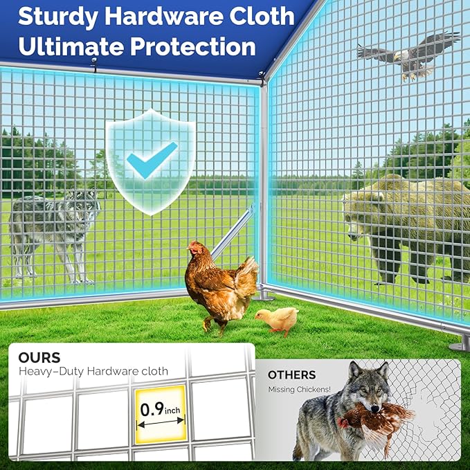 Large Metal Chicken Coop with Galvanized Hardware Cloth, Chicken Coop Run Pen for Yard with Waterproof Cover, Outdoor Large Walk-in Chicken Coops for 20 Chickens Duck Pen House Cage Run