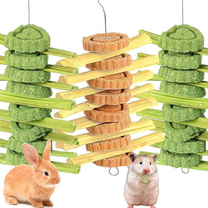 Rabbit Toys for Bunny Boredom, Hanging Rodent Dental Toy with Papaya Stems Sweet Bamboo Hamsters, Chinchillas, Guinea Pigs (Part A, 3Pcs)