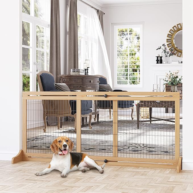 PawHut 72" W x 27" H Extra Wide Freestanding Pet Gate with Adjustable Length Dog, Cat, Barrier for House, Doorway, Hallway, Natural