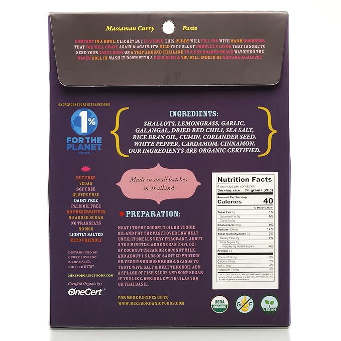 Organic Massaman Curry Paste - Authentic, Vegan, Dairy-Free, and Sugar-Free - Made in Thailand | 6 x 2.8 oz Pouches