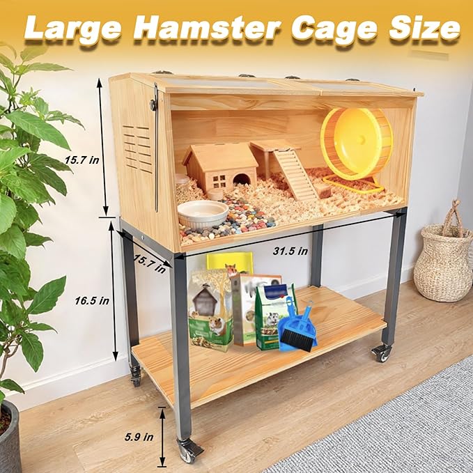 Wooden Hamster Cage with Storage Shelf, Hamster Cage, Pine, Guinea Pig Cages, 31.5' L× 15.7' W × 38 ' H, Large Animal Cages with Storage Shelf for Guinea Pig,Chinchilla,Rat, Bunny,etc.