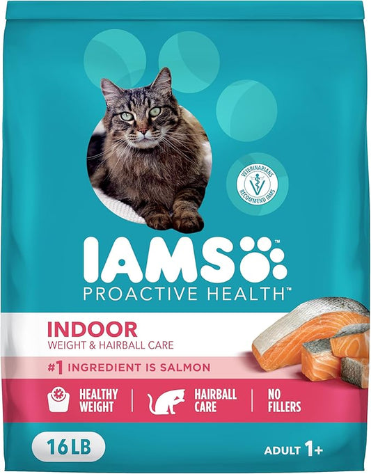 IAMS Proactive Health Indoor Weight Control & Hairball Care Adult Dry Cat Food, Salmon Recipe, 16 lb. Bag