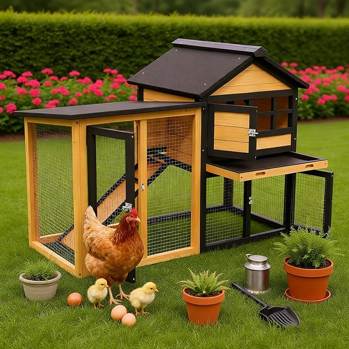 Premium Chicken Coop Bunny Cage for Outdoor Indoor, 2-Story Rabbit Hutch for Guinea Pigs, Wooden Chicken Cage with Deep Pull-Out Tray, Waterproof Poultry Hutch for Outside (Yellow Black)