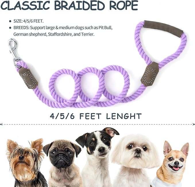 Mile High Life Dog Leash, Braided Cotton Rope Leashes with Leather Handle - Heavy Duty Metal Clasp, 6FT, 1/2" Thick - Wedding, Walking & Training Leash for Small Medium Large Dogs (Purple)