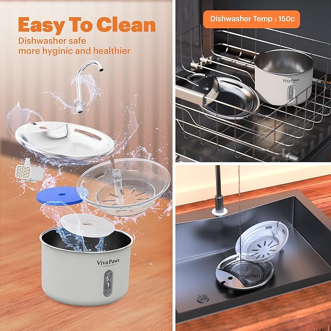 Viva Paws Cat Water Fountain Stainless Steel – Ultra-Quiet Automatic Drinking Fountain for Cats, 2.2L Indoor Pet Fountain with 4-Stage Filtration for Fresh & Clean Water