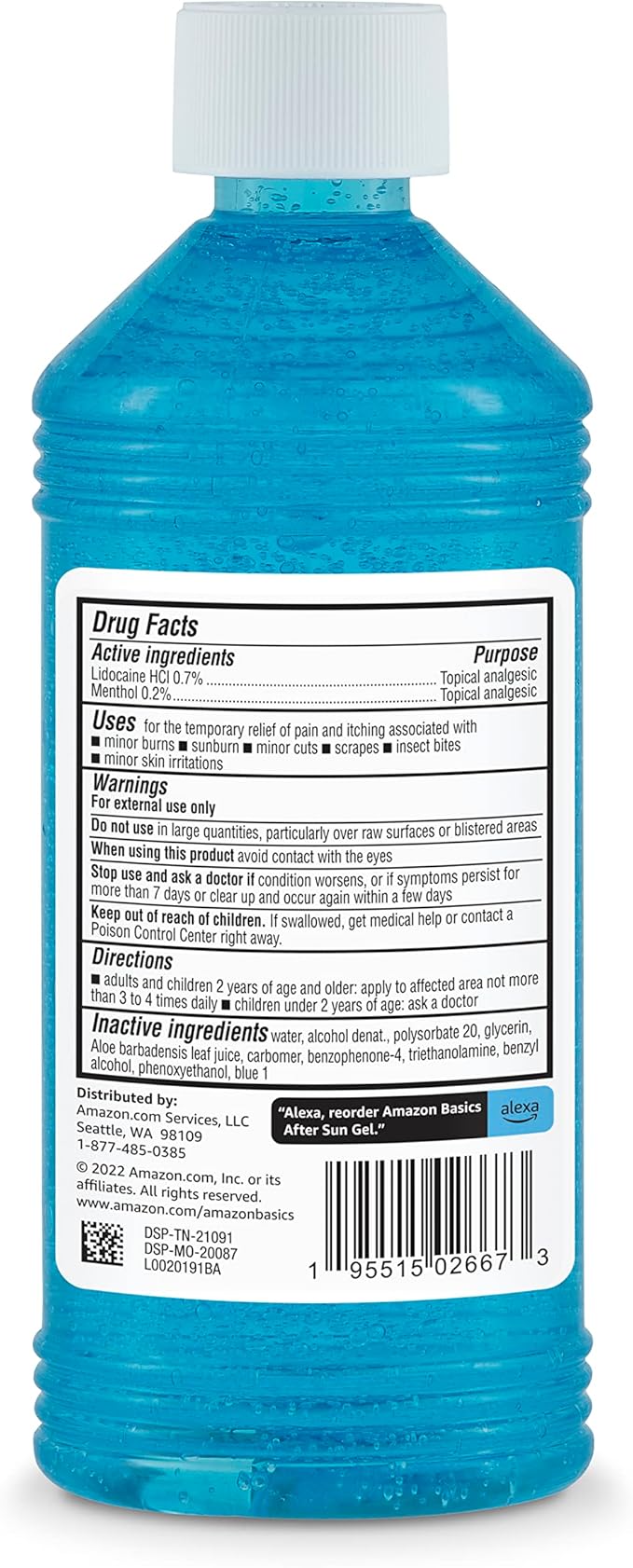 Amazon Brand - Solimo After Sun Gel with Aloe, Lidocaine and Menthol, Sunburn Relief, Cooling and Soothing for Skin, 16 Fluid Ounce (1 Pack)