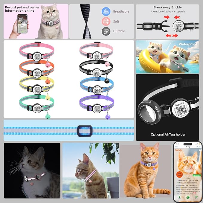 2 Pack QR Code Cat Collar for Lost Cat Recovery, Breakaway Reflective Collar with Bell & Instant Online ID, Adjustable 7.5-12.5 Inch for Peace of Mind (Black & Rose Red)