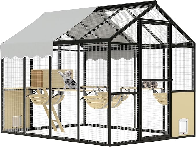 Aluminum Extra Large Outdoor Catio Enclosure for Multiple Cats – Walk-in Cat Run with Channels, Side Door, UV-Proof Cover & Platform