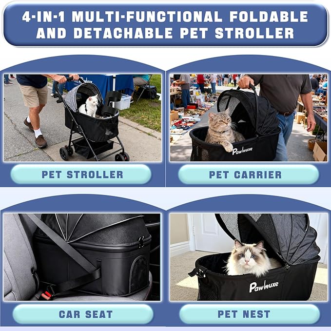 4 Wheels Pet Stroller 4 in 1 Pet Stroller with Detachable Carrier for Small & Medium Dogs Cats up to 55 lbs Easy-Folding Travel Dog Wagon with Car Seat Breathable Mesh,Khaki