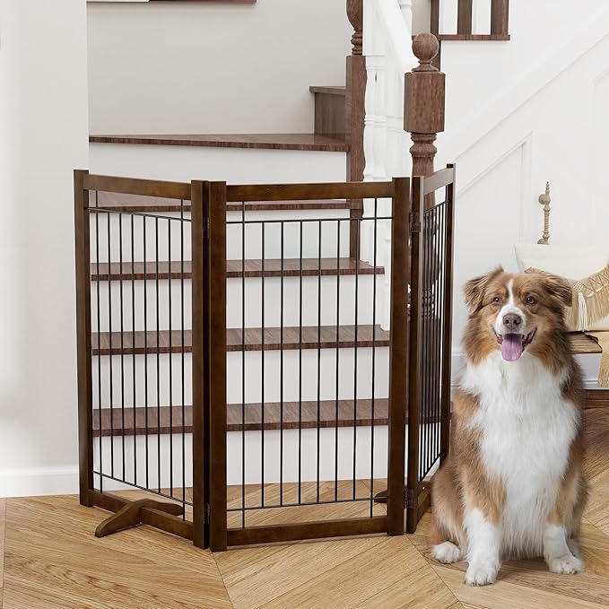 Wire Dog Gate Solid Wood Frame, Anti-Chewing, 3-Panel, 36" Height, 60" Width, Indoor Freestanding Pet Gate Foldable Wooden Dog Fences for Stairs, House, Doorway, Walnut Color