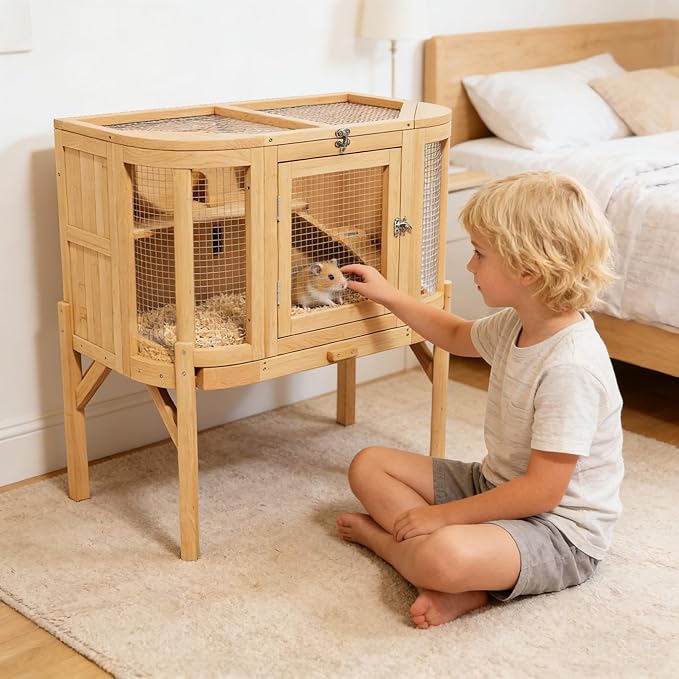 Wooden Hamster Cages with Stand, Deep Pull-Out Tray, Hamster Cage and Habitat with Locking Mechanism, Chew-Proof Guinea Pig Cage, Hamster House (Natural Wood)