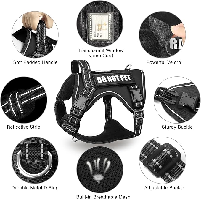 Tactical Dog Harness and Leash Set Medium Sized Dog,Heavy Duty No Pull Service Dog Vest and 10 Patches with Dog Seat Belt,Reflective Adjustable Pet Harness for Training Walking Hiking Black M
