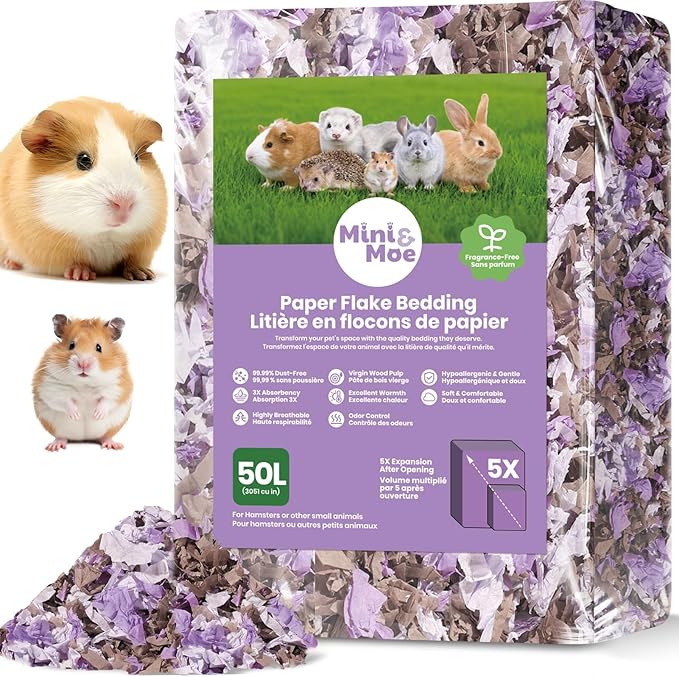 mini&moe Hamster Bedding 50L: Dust-Free and Odor Control Moisture Absorbent Natural Paper Small Pet Bedding - for Guinea Pigs, Hamsters, Chinchilla,Rabbits,Rat,Ferret, and Gerbil, 50 Liters