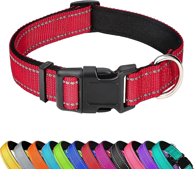 Reflective Dog Collar, Adjustable Soft Neoprene Padded Nylon Pet Collars with Buckle for Medium Dogs,M, Red