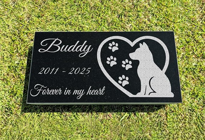 A Personalized Memorial Stone Made of Black Granite That Will Remind You of Your Beloved Pets. Paw and Stars