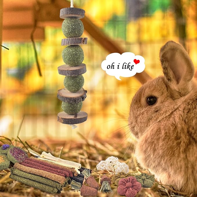 ERKOON Bunny Toys Boredom, 42 PCS Bunnies Timothy Hay Sticks Carrots Rose Grass Cake Dental Care, Molar, Chinchillas Toy Chew Toy, Guinea Pigs, Hamsters, Chinchilla, Rabbit Chew Toys for Teeth