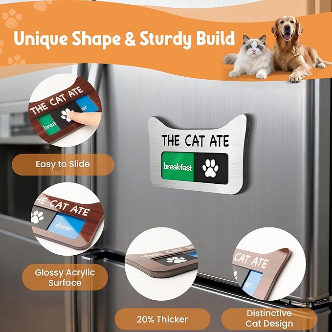 Cat Feeding Reminder Supplies with Magnet, Pet Meal Tracker with The Cat Ate, Acrylic Unique Ear Shape 2 Area Feed Sign with Breakfast and Dinner, Black with 2 Stickers, 4.7" x 3", 1 Pack