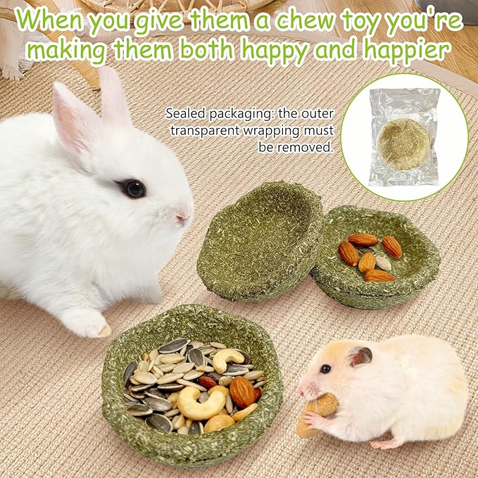 6 Pack Rabbit Chew Toys for Teeth Timothy Hay Chewing Bowl Natural Guinea Pig Treat Edible Small Animal Molar Toys for Bunny Chinchilla Hamster Gerbil Rat
