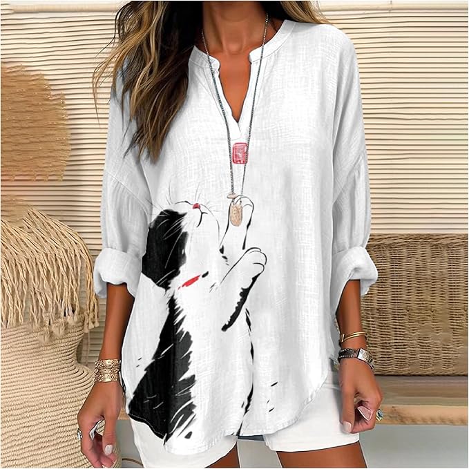 MARSVOVO Cat Shirts for Women Long Sleeve Cute Cat Pullover Graphic Novelty V Neck Blouse Oversized Funny Tunic Tops