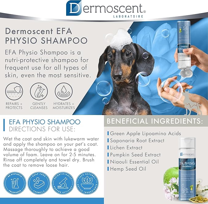 Dermoscent EFA Physio Shampoo for Dogs & Cats - Gentle Natural Ingredients for Frequent Bathing Allergies & Itchy Skin Relief - Soothes Dermatitis & Atopic Skin - 200 ml