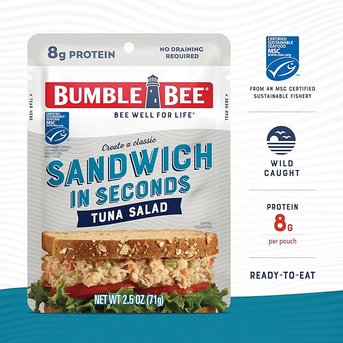 Bumble Bee Sandwich in Seconds Tuna Salad, 2.5 oz Pouches (Pack of 12) - Ready to Eat - Wild Caught Tuna Packet - 8g Protein per Serving - Gluten Free