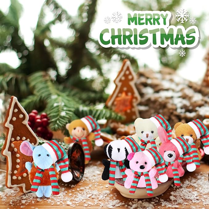 Skylety 50 Pcs Mini Christmas Stuffed Animals Bulk Small Christmas Tree Decorations Tiny Cute Plush Keychain Doll Toy for Holiday Xmas Party Favor Gift Classroom Prizes(Assorted Animals,Vivid Color)