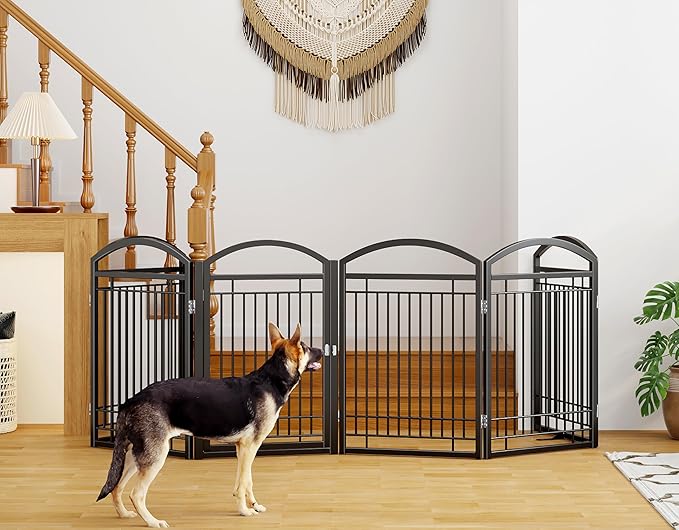 Folding No-Assembly Metal Freestanding Dog Gate with Door Walk Through,32" Height Pet Fence,144" Extra Wide Accordion Puppy Folding Playpen for Doorways,House,Stairs (6 Panels,Black)