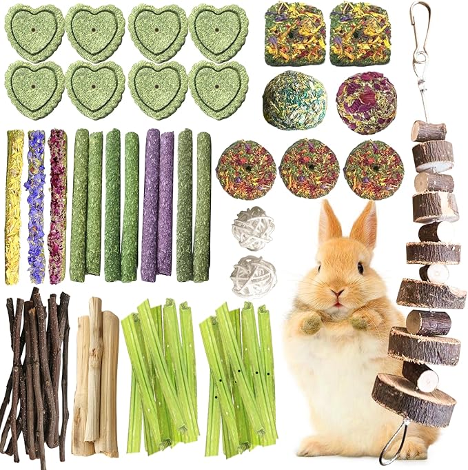70Pcs Bunny Chew Toys with Applewood Hanging Strings, Bunny Treats for Rabbits Bunny Toys for Teeth, Papaya Stem, Timothy Stick, Apple Sticks, Sweet Bamboo, for Guinea Pig, Hamster, Chinchilla, Rat