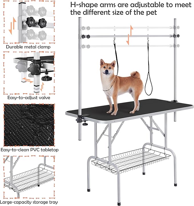 Yaheetech 46'' Pet Grooming Table for Large Dogs Adjustable Height Portable Trimming Table Drying Table w/Arm/Noose/Mesh Tray Maximum Capacity Up to 265Lb, Black
