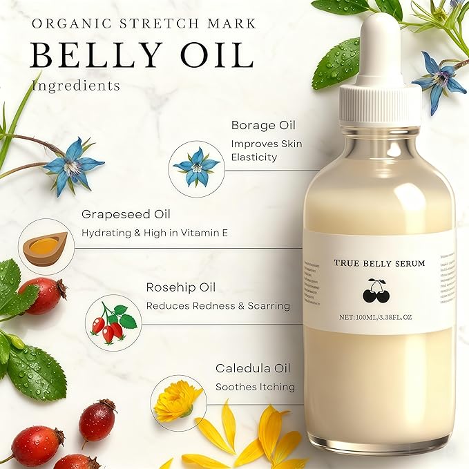 True Belly Serum - Organic Firming & Cellulite Appearance & Hydrating Belly Oil for Stretch Mark, Belly Oil For Pregnant Women, Promotes Skin Nourishment & Suppleness, 100ml (1PCS)