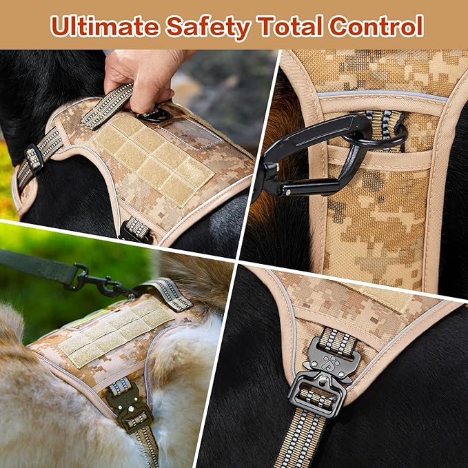PawsPassion No Pull Dog Harness for Medium Large Dog, Heavy Duty Tactical Adjustable Pet Harness, Voyager Service Vest Harness with Easy Control Handle Reflective Strip (Dune Patrol, L)
