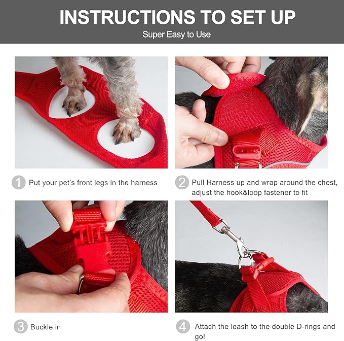 Fida Comfy Dog Harness with Leash, Soft Puppy Vest Escape Proof, Breathable Lightweight Soft Mesh, Adjustable Reflective Step-in Harness for Cat & Extra-Small Pet (XS, Red)