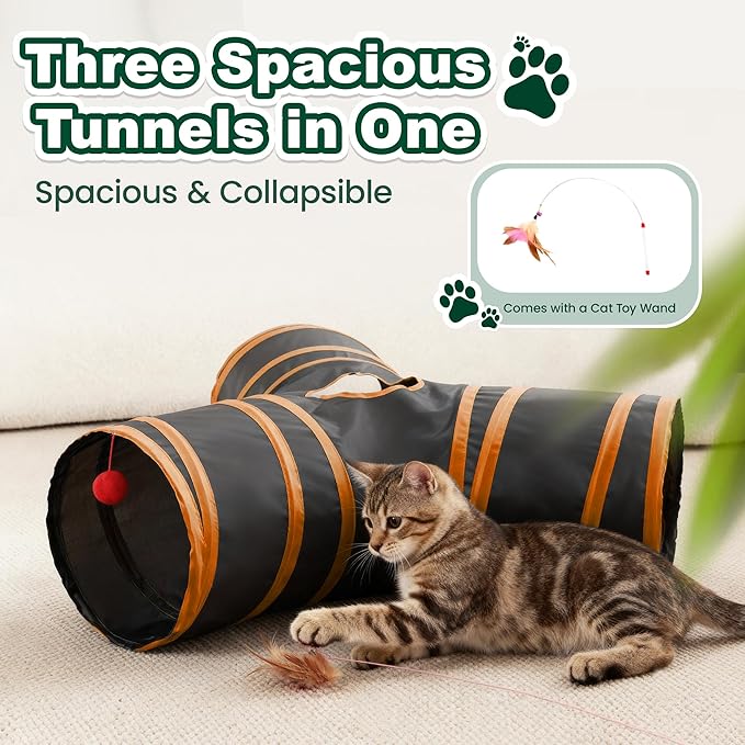 Love's cabin Cat Tunnels for Indoor Cats, Cat Tube Toys 3 Way Collapsible, Pet Play Tunnel with Peek Hole Toy Ball for Kitty, Kitten, Rabbit, Black&Orange, Small Size (23.6"X13"X11")