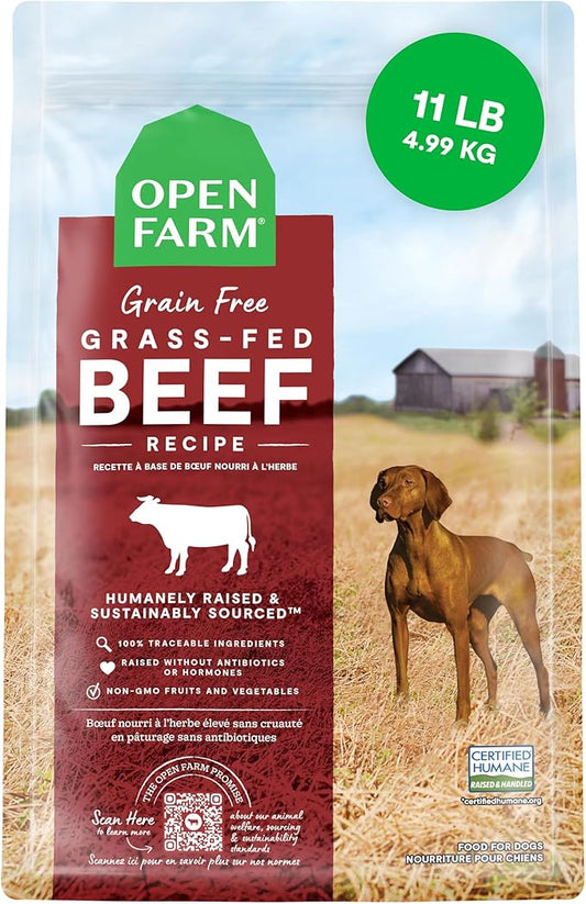 Open Farm, Grain-Free Dry Dog Food, Complete & Balanced Kibble, Sustainably & Ethically Sourced Ingredients, Non-GMO Veggies & Superfoods to Support Overall Health, Grass-Fed Beef Recipe, 11lb Bag