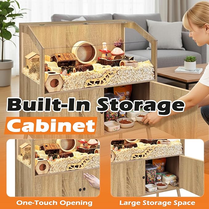 PROLEE Hamster Cage with Storage Cabinet,Large Hamster Encloure Chew Proof Wood,Clear View Hamster Habitat for Guinea Pig, Ferret, Rat, Hedgehog, 40" L x 20" W x 47" H (White Oak)