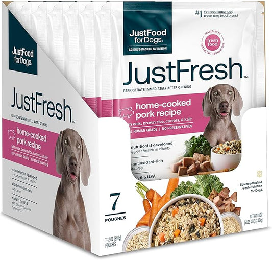 JustFoodForDogs JustFresh Wet Dog Food, Fresh Pet Meals and Toppers with No Preservatives, Resealable Package, Human Grade, Home-Cooked Pork, 12 oz - 7 Pack