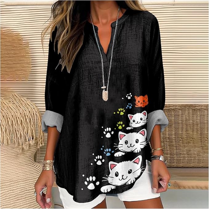MARSVOVO Cat Shirts for Women Long Sleeve Cute Cat Pullover Graphic Novelty V Neck Blouse Oversized Funny Tunic Tops