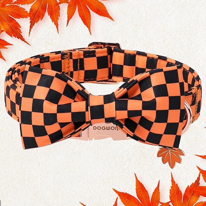 DOGWONG Orange Pink Plaid Dog Collar with Bow - Adjustable and Comfortable Autumn Dog Collar Fall Necklace for Large Medium Small Pet
