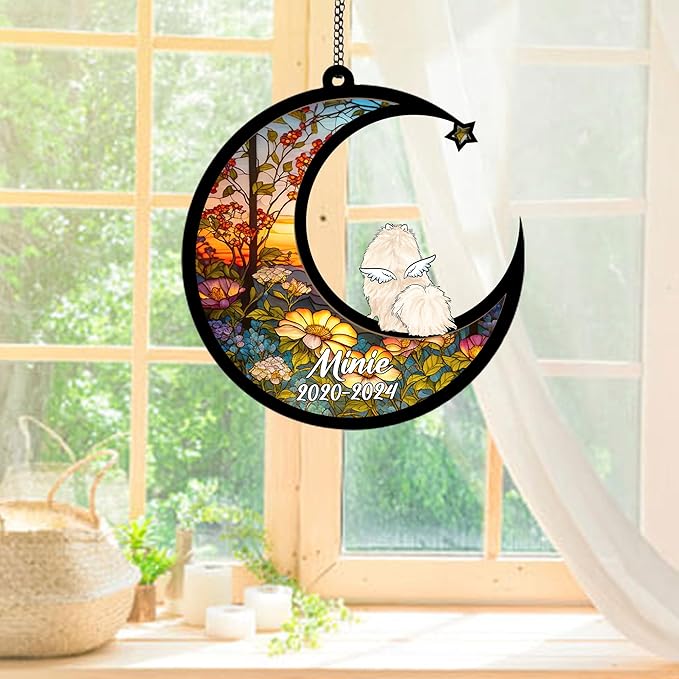 Personalized Pomeranian (White) Sun Catcher, Dog Memorial Gifts, Custom Pomeranian (White) with Wings Ornament Christmas Tree, Loss of Dog Sympathy Gift Memorial Suncatchers