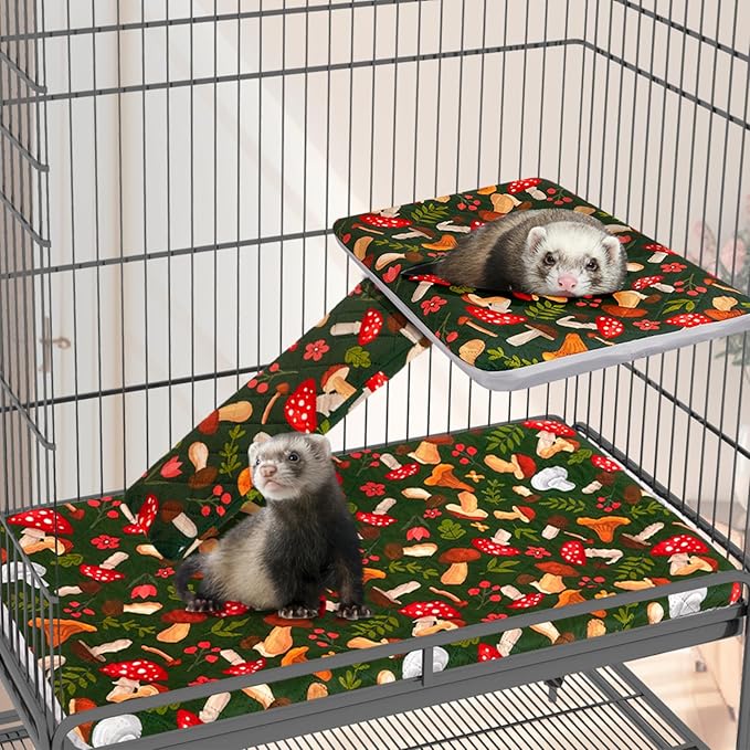 Bienbee Ferret Cage Liner Set, Waterproof Ferrets Cage Accessories for Small Animals Rats Chinchillas Hedgehogs Ferrets(Green Mushroom,Single Unit Combo)