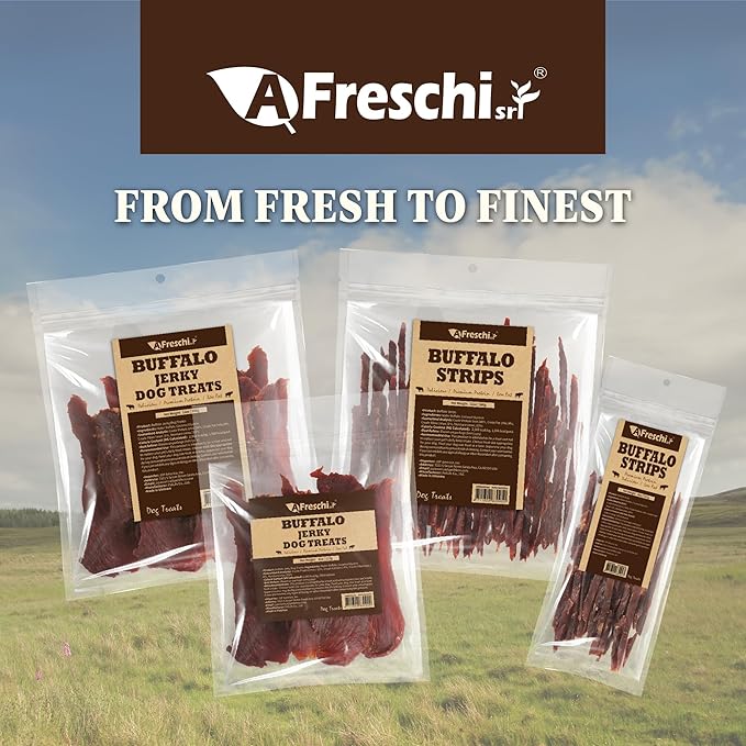 AFreschi Buffalo Dog Treats, All-Natural, Hypoallergenic, High Protein, Low Fat, Human Grade Puppy Chews – Healthy Grain-Free Training Treats, 4oz Jerky Strips
