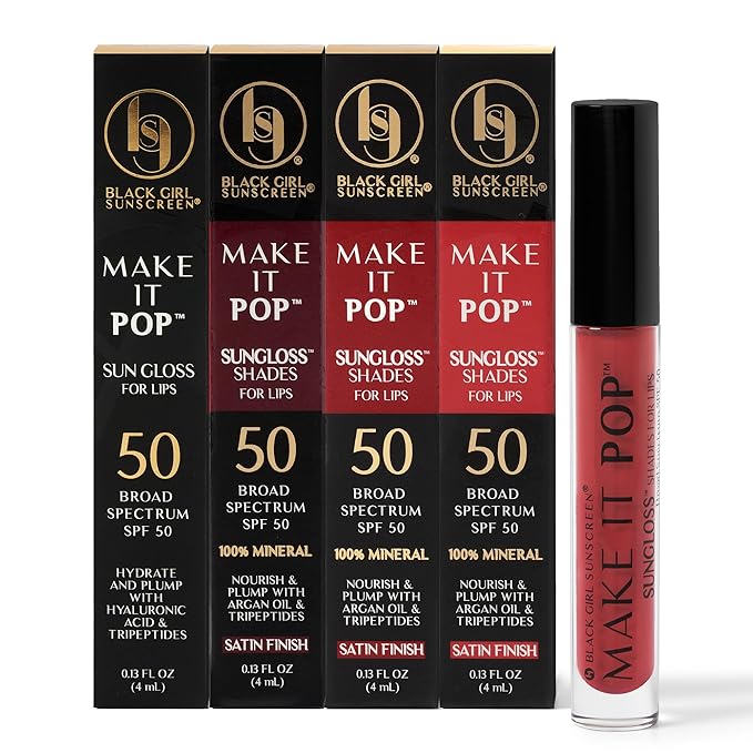BLACK GIRL SUNSCREEN Make It Pop Sungloss & Sungloss Shades for Women - SPF 50 Tinted Sunscreen Lip Gloss, Sun Protection, Hydrating - 4 Pack (Clear Skyes, Cherry Noir, Red Wine, French Kiss)