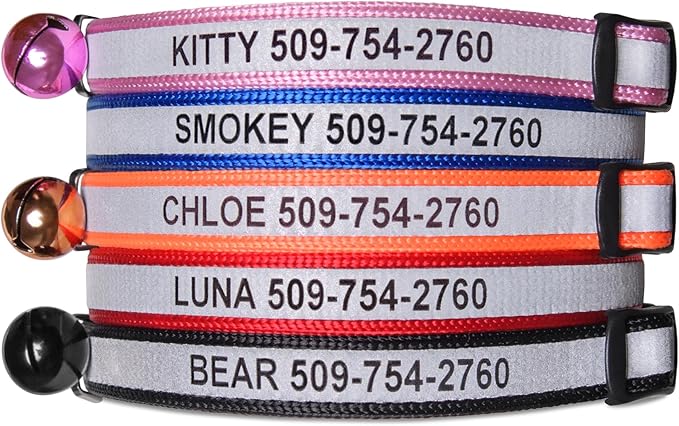 GoTags Personalized Reflective Cat Collars, Engraved Custom Cat Collar with Name and Phone Identification, Breakaway Collar with Safety Release Buckle and Bell, Adjustable for Cats and Kitten, (Pink)