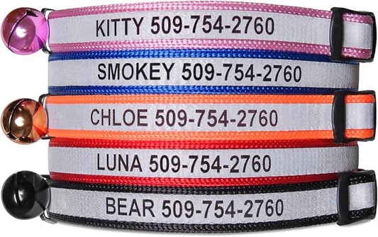 GoTags Personalized Reflective Cat Collars, Engraved Custom Cat Collar with Name and Phone Identification, Breakaway Collar with Safety Release Buckle and Bell, Adjustable for Cats and Kitten, (Pink)