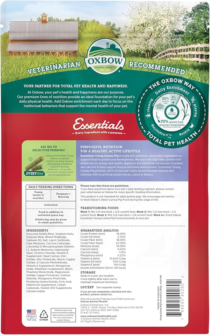 Oxbow Essentials Young Guinea Pig Food, Guinea Pig Pellets Made with Timothy Hay, Stabilized Vitamin C, Small Animal Pet Products, Small Animal Food Made in USA, High Fiber, 5 lb. Bag
