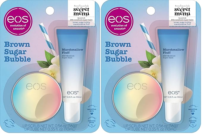 eos Flavor Lab Secret Menu Gift Set - Brown Sugar Boba Lip Scrub Exfoliator & 24H Moisture Super Balm, Limited-Edition Lip Treatment, Nourishing, (Pack of 4)