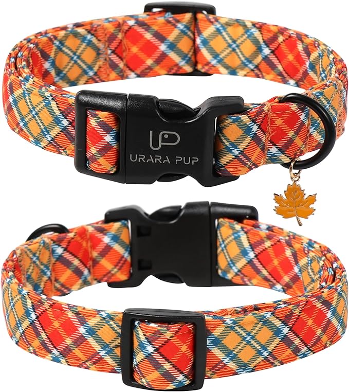 Autumn Plaid Dog Collar – Adjustable Orange Tartan Dog Collar with Fall Leaf Charm, Cozy Fall Vibes Orange Yellow Grid Puppy Collars for Small/Medium/Large Dogs