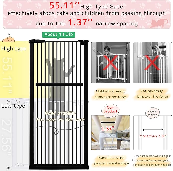 Lumizone Extra Tall Pet Gate 55.12" High Pressure Mounted 46.65"-50.78" Extra Wide (9 Sizes) 1.37" Gap for Cat Dog Stairs Doorway Hallway No Drilling Auto-Close (46.65"-50.78" W, Black)