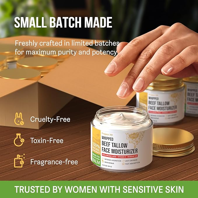 Beef Tallow for Face and Skin - Grass Fed Tallow and Honey Balm, Face Moisturizer with Liposomal Hyaluronic Acid - Day and Night Cream for Dry Sensitive Skin, Glass Jar 2.25 oz