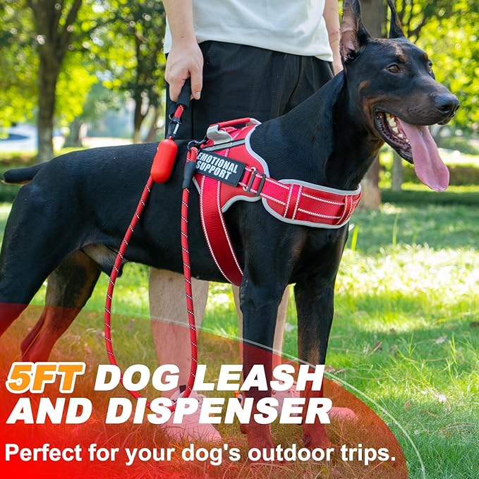 Neck Padded Service Dog Vest Harness and Leash Set, No Pull Adjustable Service Pet Harness with 8 Dog Patches, Reflective in Training Easy Control Pet Vest with 5ft Dog Leash for Medium & Large Dogs